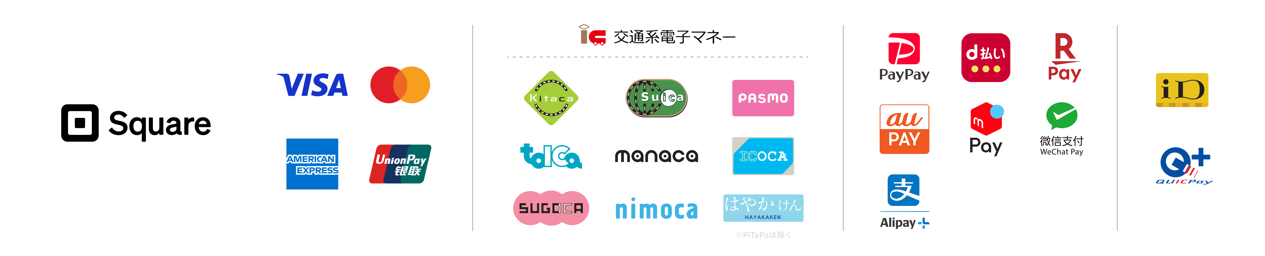 対応している決済：Square（VISA、Mastercard、American Express、UnionPay）、交通系電子マネー（Kitaca、Suica、PASMO、toica、manaca、ICOCA、SUGOCA、nimoca、はやかけん ※PiTaPaは除く）、PayPay、d払い、楽天ペイ、au PAY、メルペイ、WeChat Pay、Alipay+、iD、QUICPay