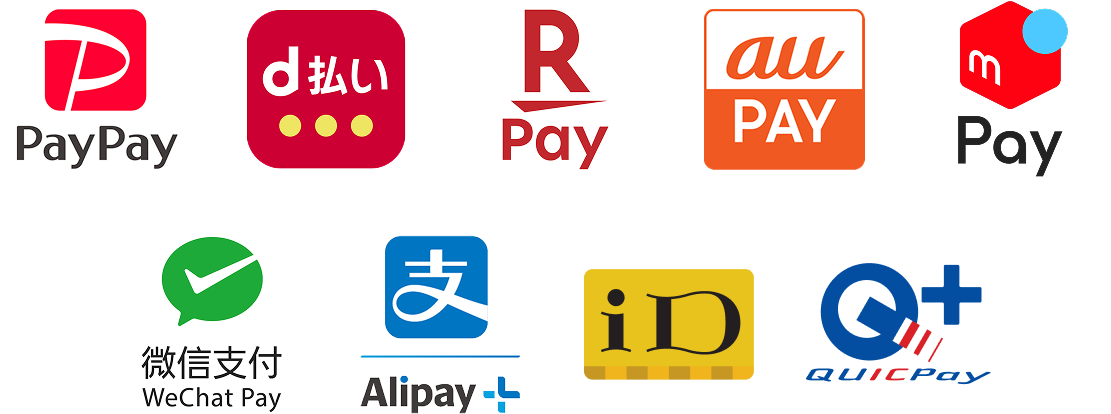 QRコード決済：PayPay、d払い、楽天ペイ、au PAY、メルペイ、WeChat Pay、Alipay+ ／ 電子マネー：iD、QUICPay